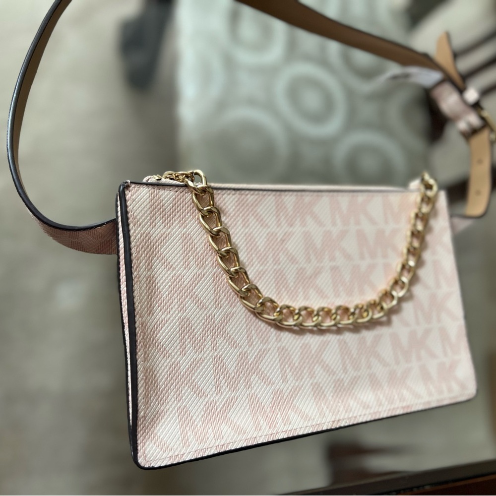 Michael Kors Monogram Nude Pink Leather Fanny Pack Belt with Gold Chain Zipper - Picture 4 of 9